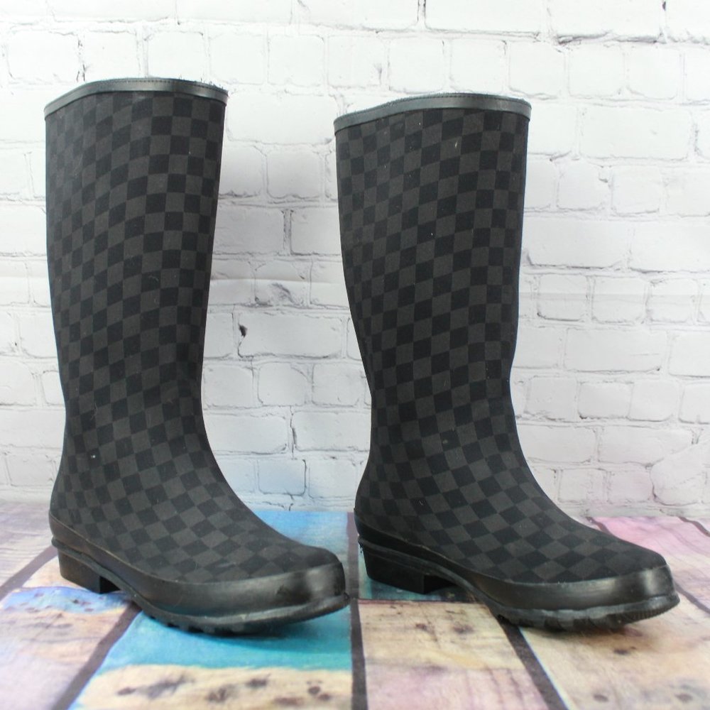 LL Bean Wellie Black Checkerboard Knee High Rain Boots Size 9 M - Picture 3 of 10